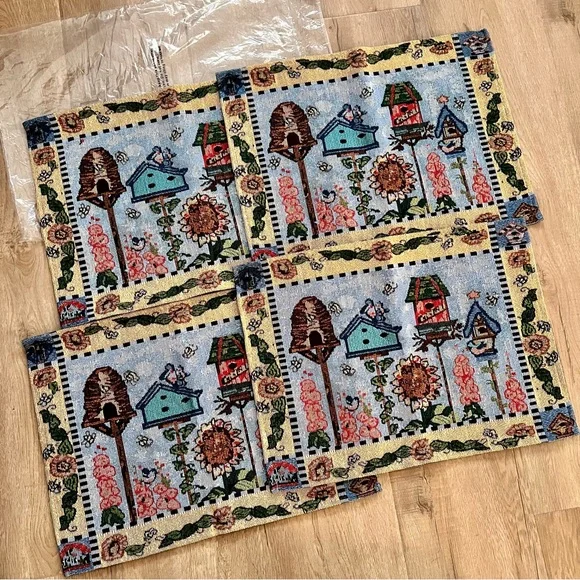 Set of 4 TAPESTRY Placemats Place Mats Birdhouses & Flowers‎ 18.5