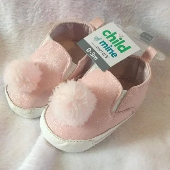 Child of Mine Carter's Slip On Shoes Baby Girl 0-3M Pink NWT Glitter Pom Pom