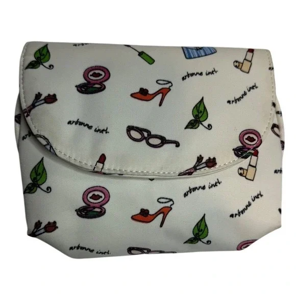 Arbonne International Makeup Bag‎ Cream Novelty Print Cosmetic Case with Mirror