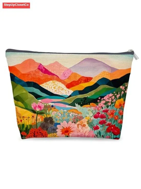 Abstract Mountain Linen Makeup Bag, Boho Floral Cosmetic Pouch, Travel Toiletry