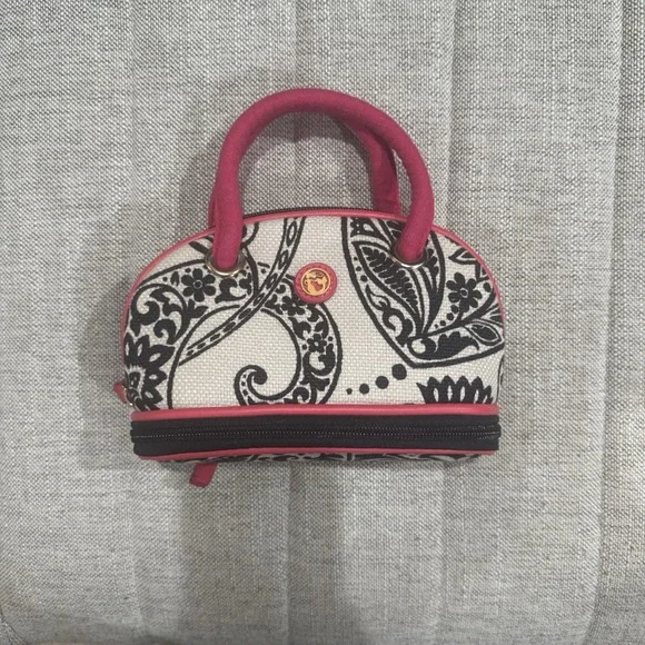 Spartina Makeup Purse Bag 449 Black‎ Tan Pink Linen Small Zip Close Travel