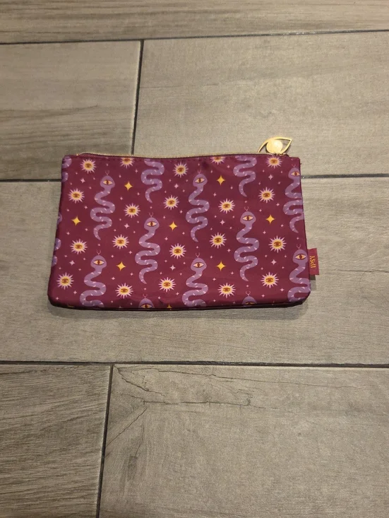 ipsy Burgundy Cosmetic Bag with Lavender Snake Pattern and Gold Zip