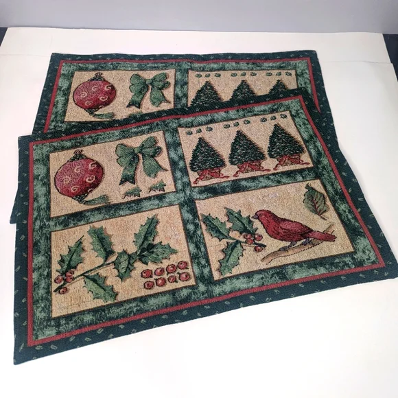Festive Christmas Holiday Tapestry Placemats Ornaments/ Birds/ Trees Set of 2