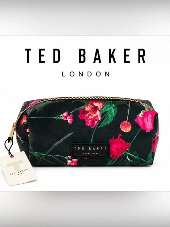 Ted Baker Black Floral Makeup Pouch with Pink Blooms