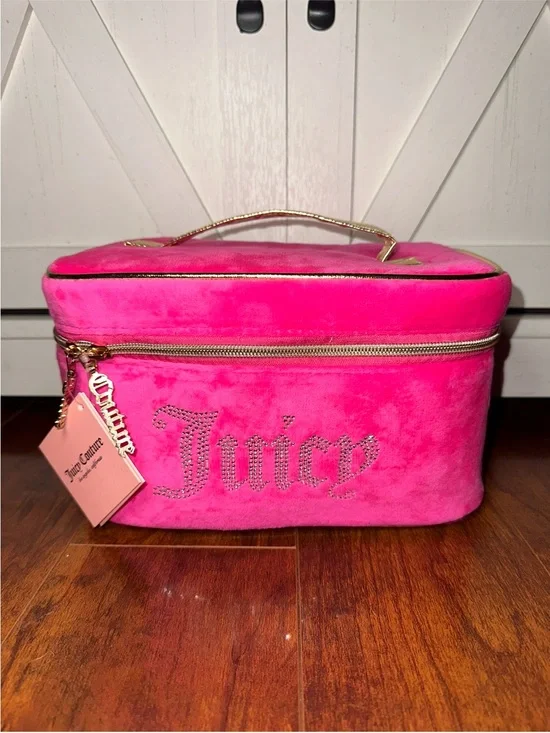 Juicy Couture Hot Pink Velvet Rhinestone Logo Cosmetic Train Case