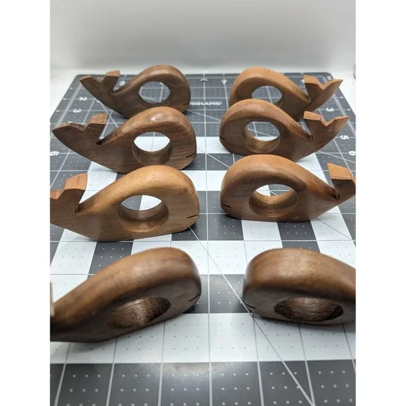 Hand Carved Wood Whale Napkin Rings Set of 8 Coastal Nautical Decor Brown