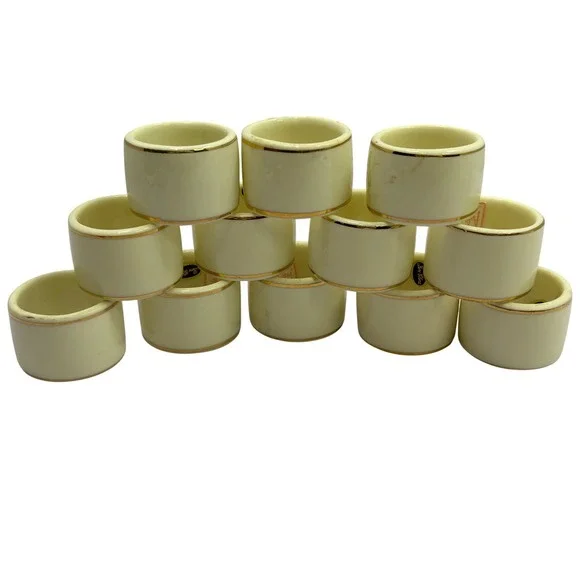 Audrey Bone China Napkin Rings Set of 12 Ivory Cream with‎ Gold Trim Vintage