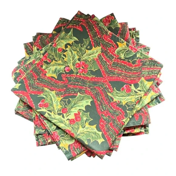 8 Christmas Holly Berry‎ Red Ribbon Green Cotton Cloth Napkins 18