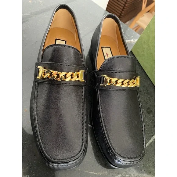 GUCCI‎ 643620 black leather loafers with gold-tone chain horsebit, UK 9