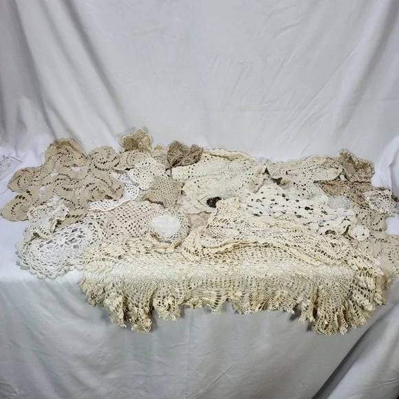 Vintage Handmade Crochet Doily Lot Lace Table Runners Cream Beige Boho 21pc