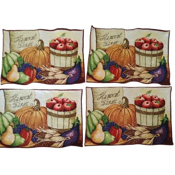 Tapestry Placemats Harvest Farm Fall Vegetables and Fruit Set of Four 16.5x13 in
