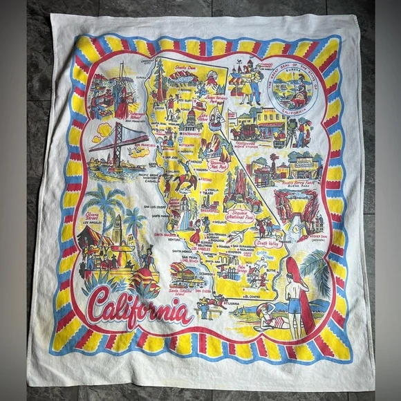 Vintage California Souvenir Map tablecloth red and Yellow Cotton 36” x 31”