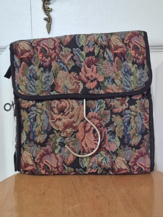 NWTs Vintage black floral tapestry cosmetics and toiletry bag with hanger