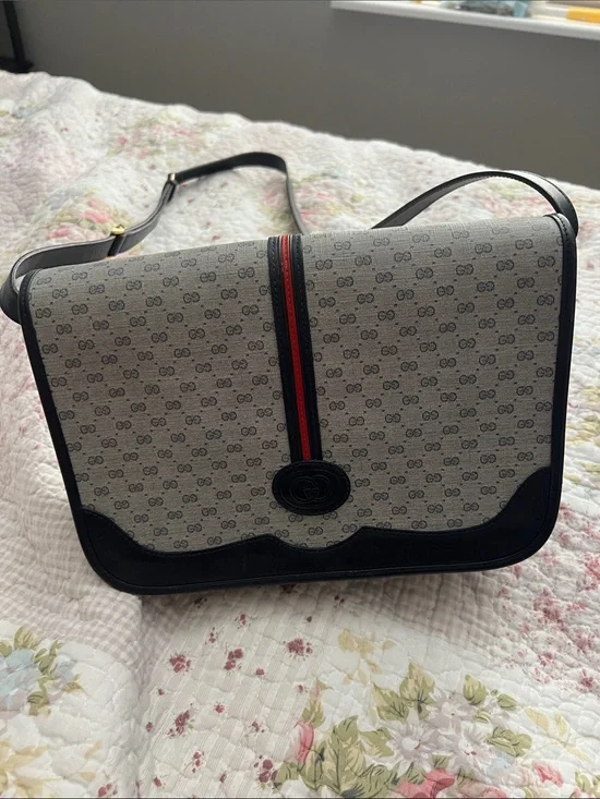 Gucci Canvas Messenger Bag with Black Trim and Red Stripe