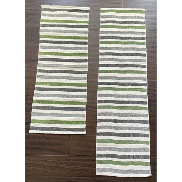 2 Crate and Barrel Striped Table Runners Green Gray Blue 47