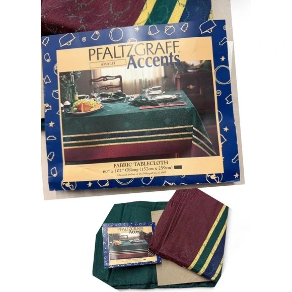 Pfaltzgraff Amalfi Fabric Tablecloth Hunter Green Burgundy Striped 60x102 Oblong
