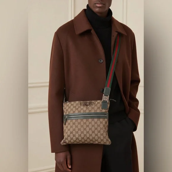 Gucci Beige Brown GG Canvas Messenger Bag with Green-Red Strap