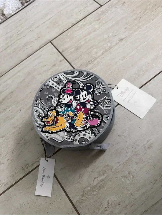 Vera Bradley cosmetic Grey Paisley Mickey, Minnie & Pluto Round Case