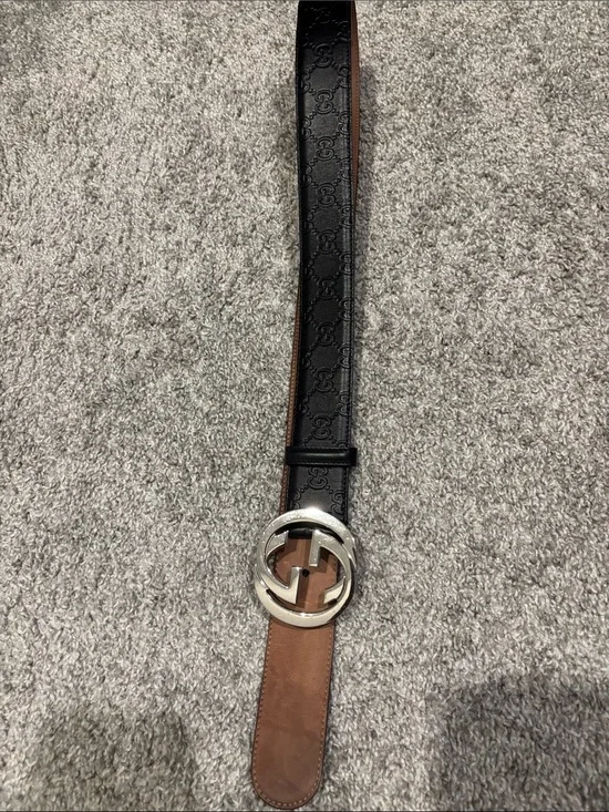 Gucci Black and Brown Leather Belt with Silver Interlocking G Buckle