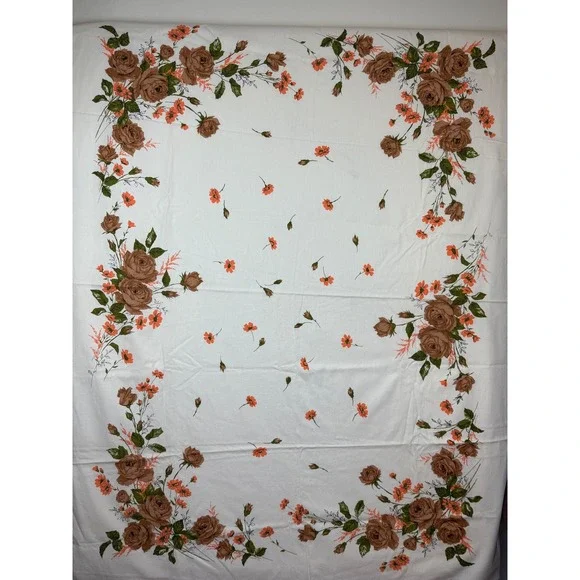 Vintage Floral Tablecloth Brown Roses Orange Flowers White Rectangular 52x66
