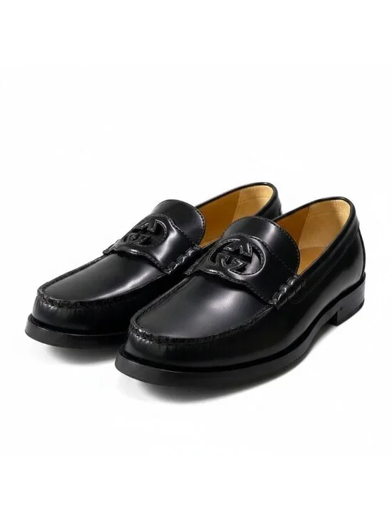 Gucci E4 Interlocking GG Logo Loafers Shoes Dress Slip Ons 8.5 Black Leather