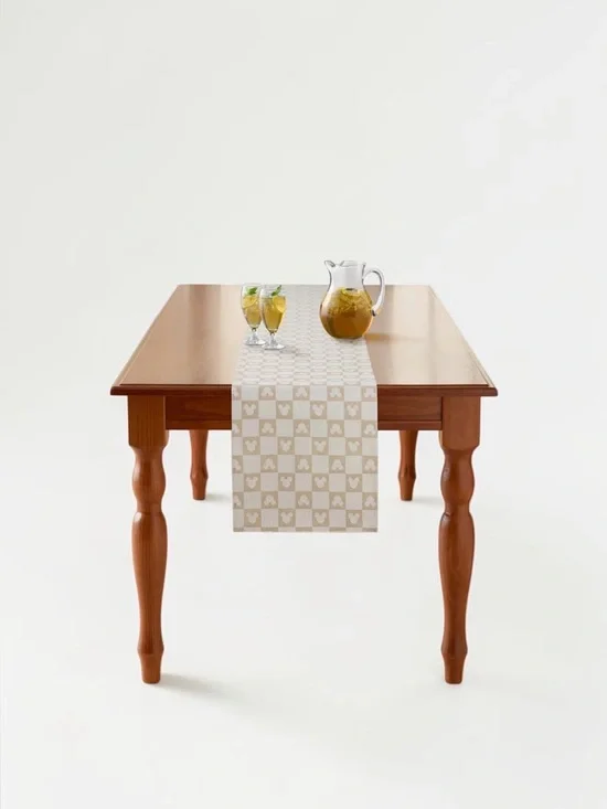 Disney Mickey Mouse Table Runner 13x72 Taupe Checkered Neutral Woven Farmhouse
