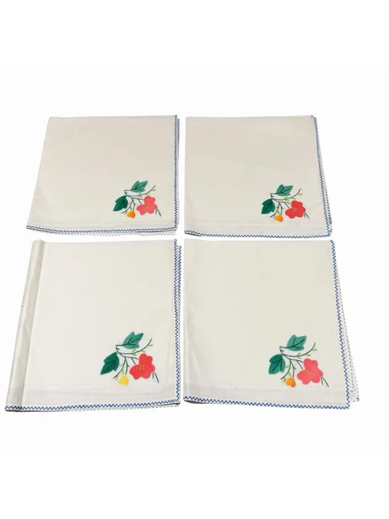 Set 4 Vintage Embroidered Floral Cloth Handkerchiefs Blue Cross Stitch 15.5x15.5