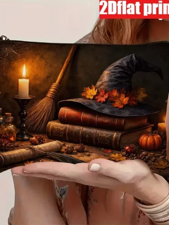 Halloween Dark Goth Witch Hat and Books Makeup Bag Double-Sided 7.1