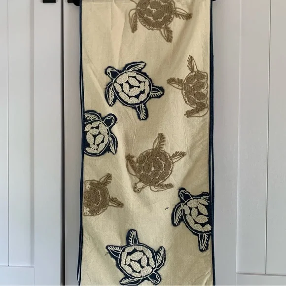 Embroidered Sea Turtle Runner - Navy & Beige