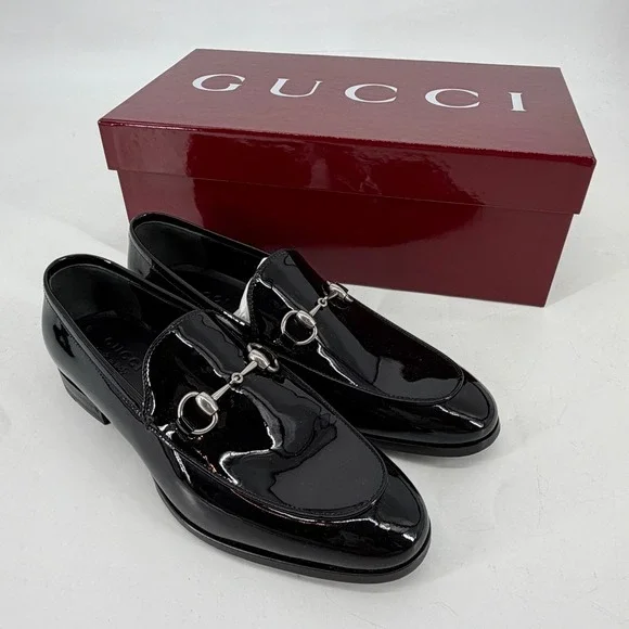 Gucci Men's Horsebit Loafers Size 7 Black Patent Leather Silver Bit NIB