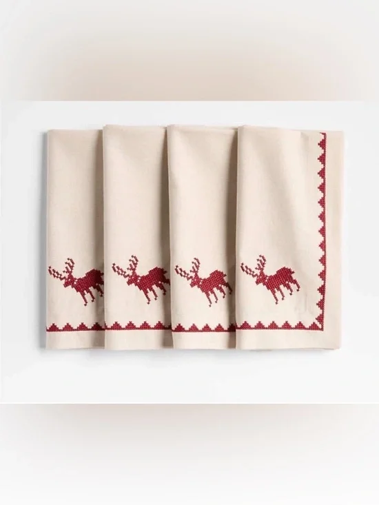Crate & Barrel Red Cross Stitch Holiday Reindeer Dinner Napkins  ( Set Of 4 )
