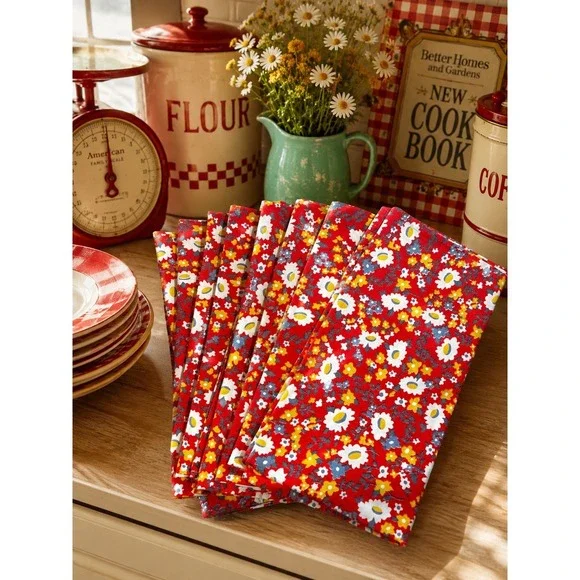Vintage‎ Red Floral Napkins Set of 8 Ditsy Print Cottagecore 17x17.5 Square