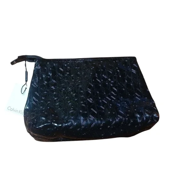 Calvin Klein Cosmetic Bag Women One Size Black Patent Embossed‎ Logo Pouch NEW
