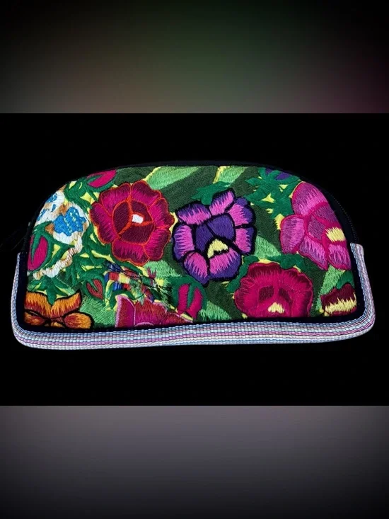 Colorful Handmade Floral Embroidered‎ Clutch/Cosmetic Case- Pink, Purple & Green