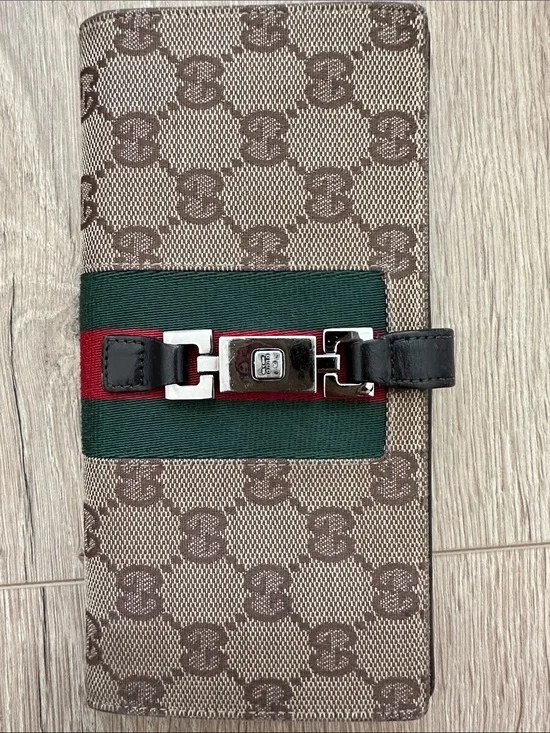 Gucci Brown Monogram Continental Wallet with Green and Red Web Stripe