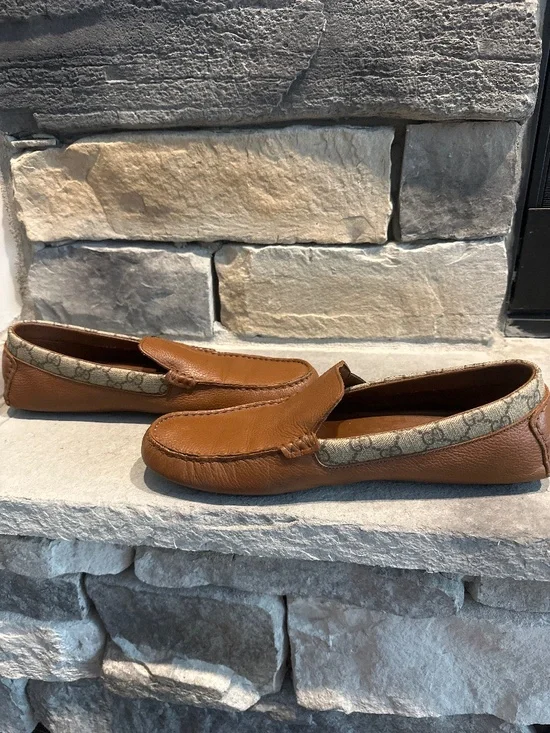 Authentic Gucci Men’s Brown Leather GG Supreme Web Driving Loafers Moccasin sz10