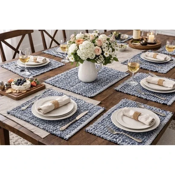 Set‎ 7 Denim Rag Weave Placemats Blue Farmhouse Rustic 18x12