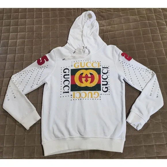 Gucci Distressed Logo Print Hoodie Ivory Size Medium W/Rhinestone Diamonds