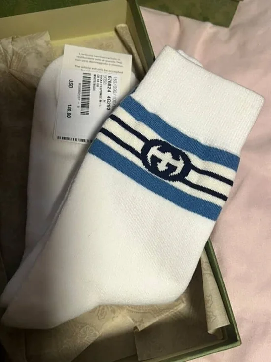 Gucci White Socks with Blue & Navy GG Stripe