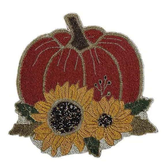 Tahari Home Pumpkin w/ Sunflower Beaded Placemat 13in Chic Fall Decor NEW