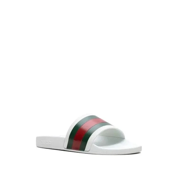 NEW Gucci Pursuit 72 Web Stripe Rubber Slide Sandals White Red Green Men's
