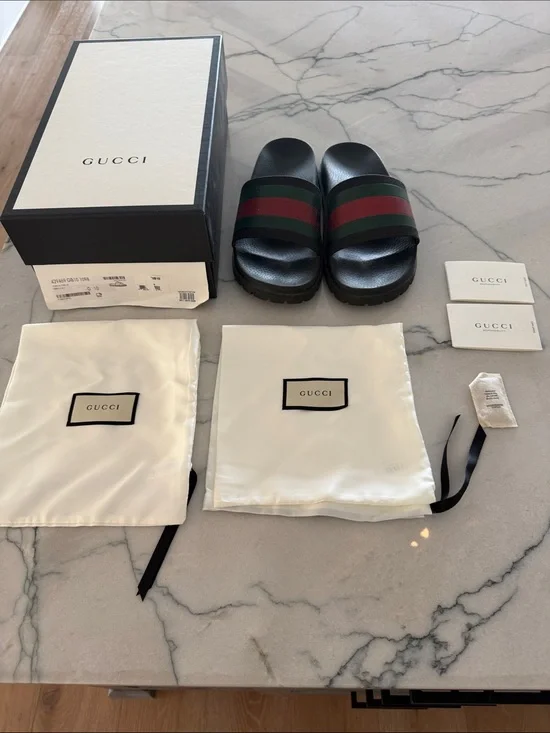 Gucci Black Slides with Green and Red Web Stripe