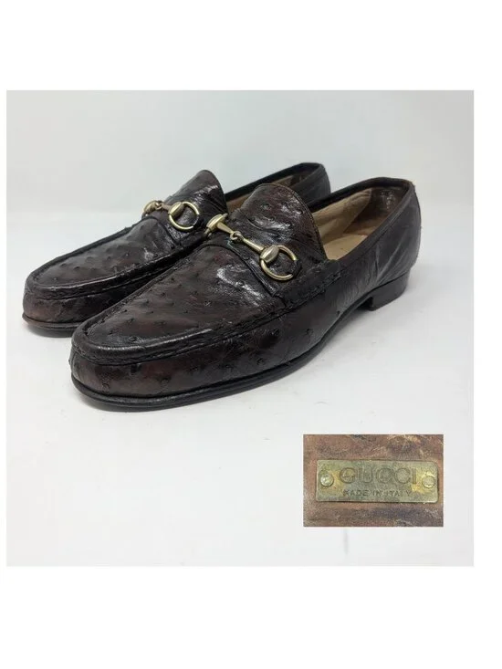 Vintage Y2K Gucci Horsebit Loafers 43.5 10 Brown Ostrich Leather