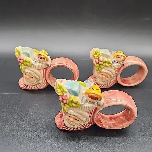 Pink Santa Christmas Stocking Napkin Holders Hand Painted Set of 3 Shabby Chic