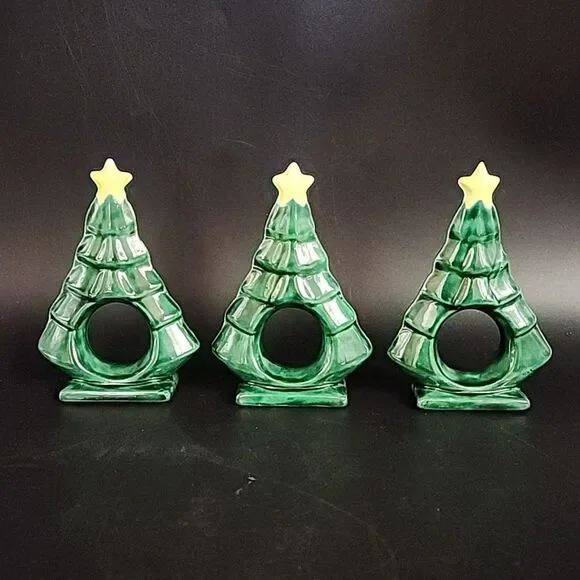 VtgCeramic Christmas Tree Napkin Rings Holders w/ Yellow Stars Set Of 3