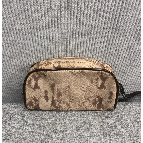 Monogram B Makowsky Small Make Up Bag Faux Brown Snakeskin Print Patent Trim