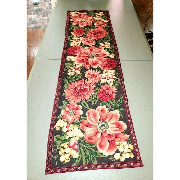 Cottage APRIL CORNELL Table Runner Soft Black Red Flowers Grapes 47
