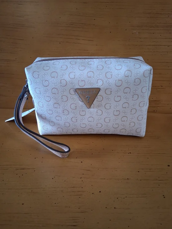 GUESS Cream Cosmetic Wristlet with Taupe Logo Trim