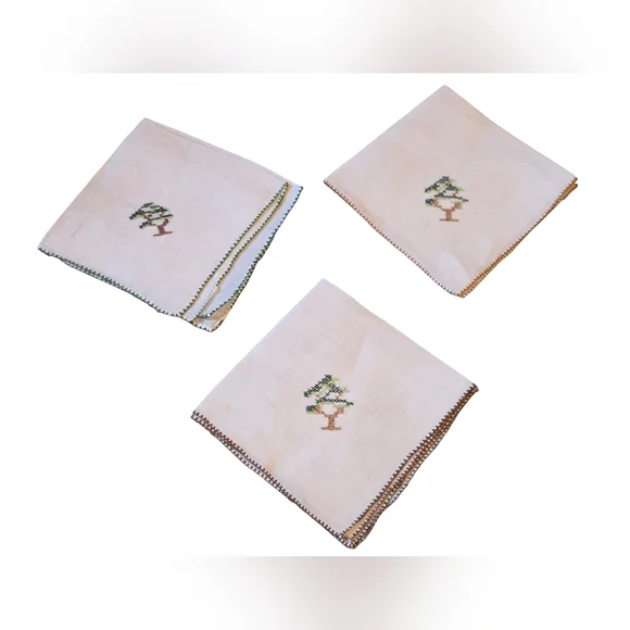 Vintage Handmade Linen Mission Work Tree Image Cocktail Napkins Set Of 3