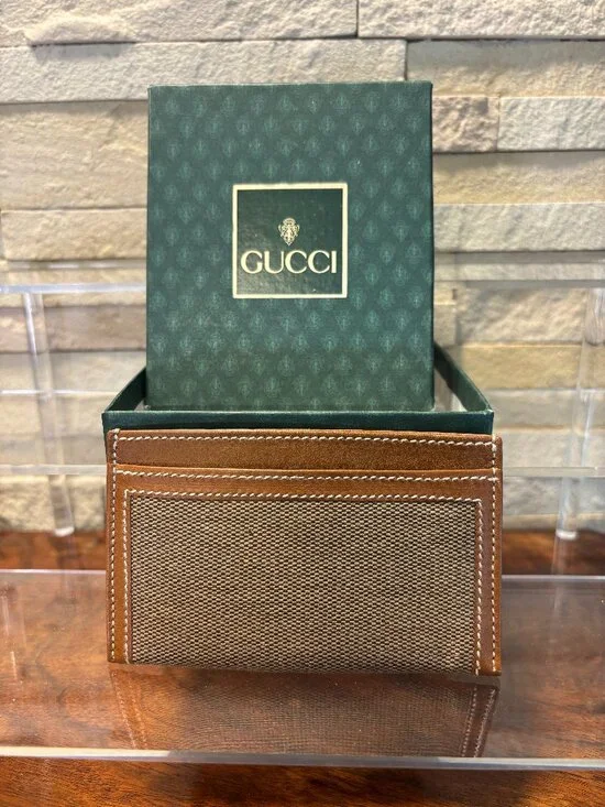 Authentic Vintage Gucci Card Holder Wallet Brown Canvas Leather 1980s With Box